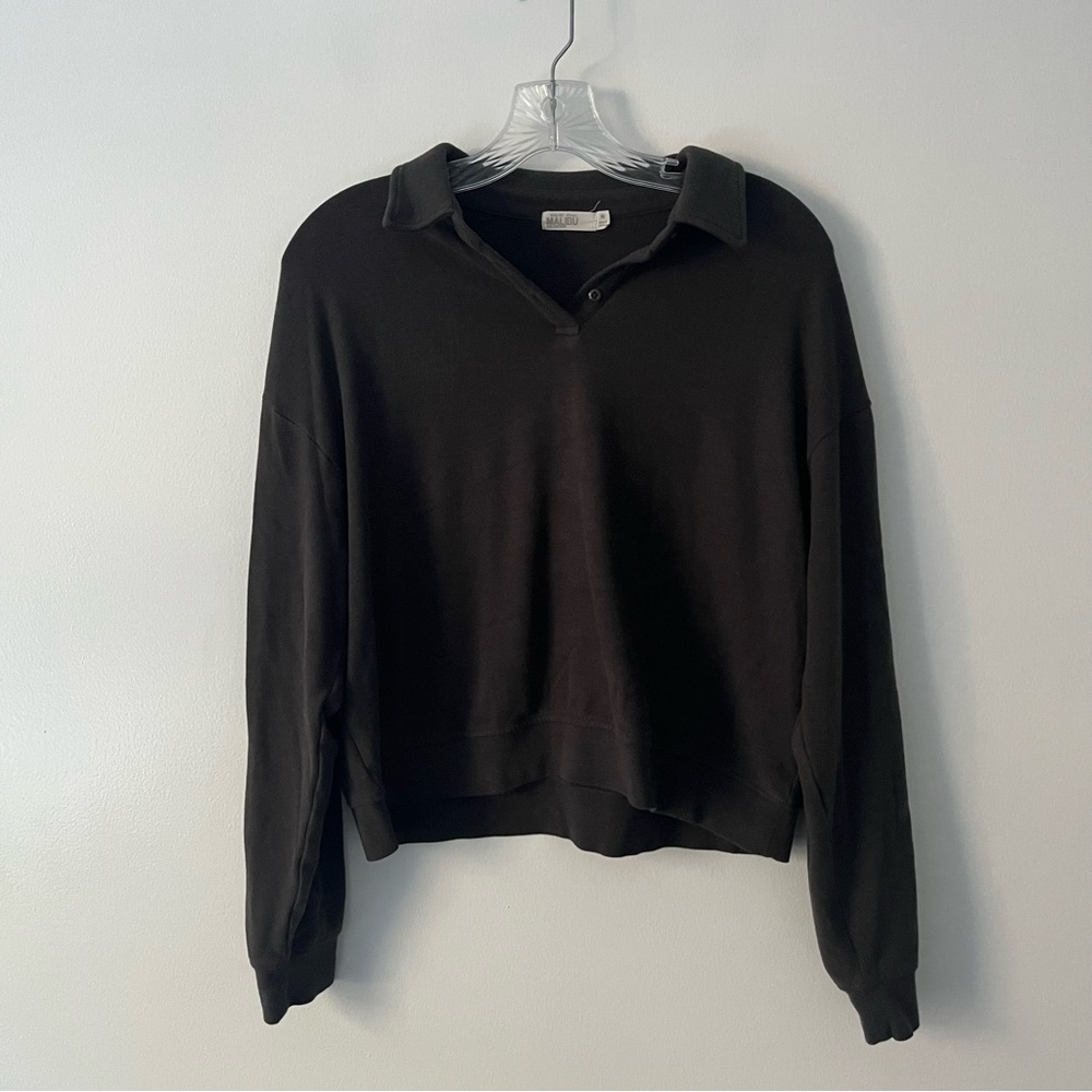 Barefoot Dreams Malibu Brushed Fleece Pullover Long Sleeve Polo Shirt Carbon M